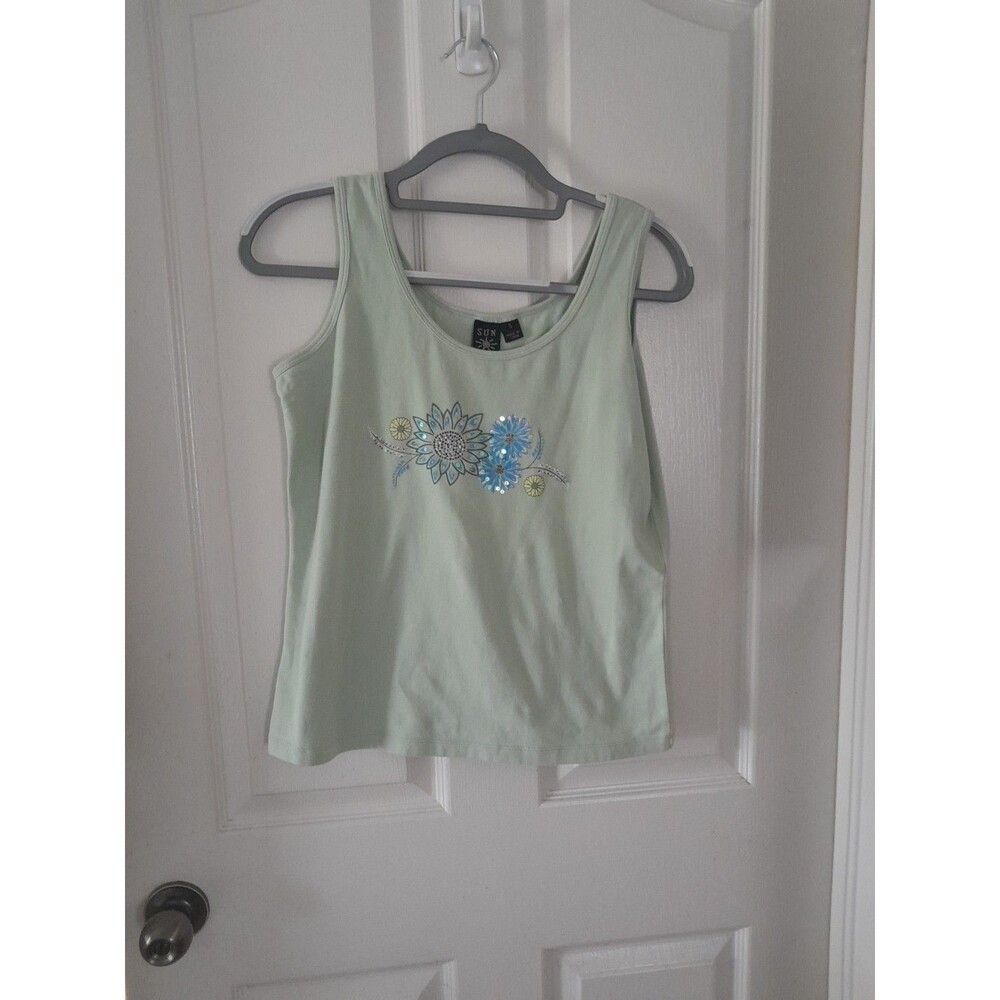 Vintage Sun Moda Resort Wear Women’s Small Green  With Graphic Flowers Bead. B12